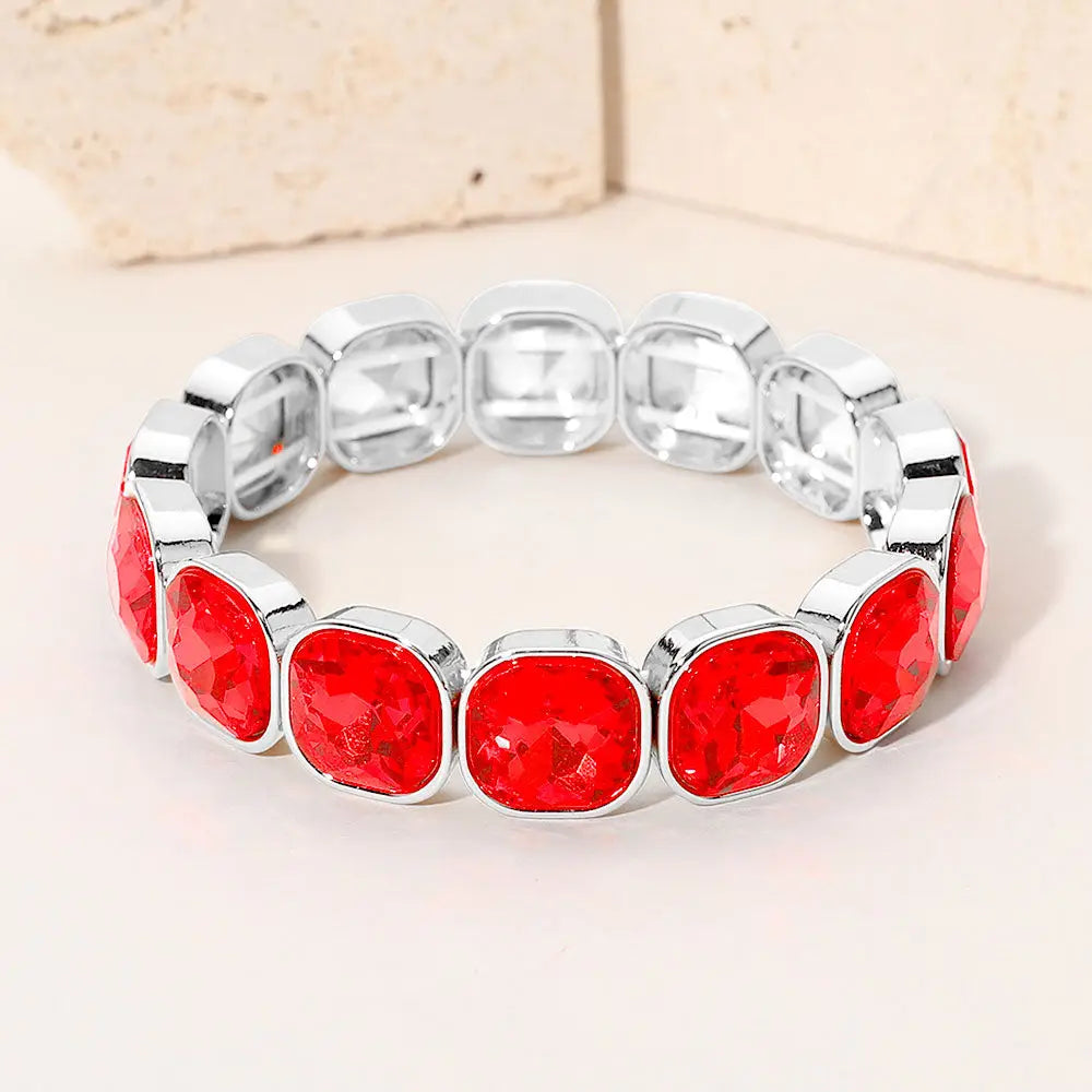 Square Cut Gem Beaded Stretch Evening Bracelet