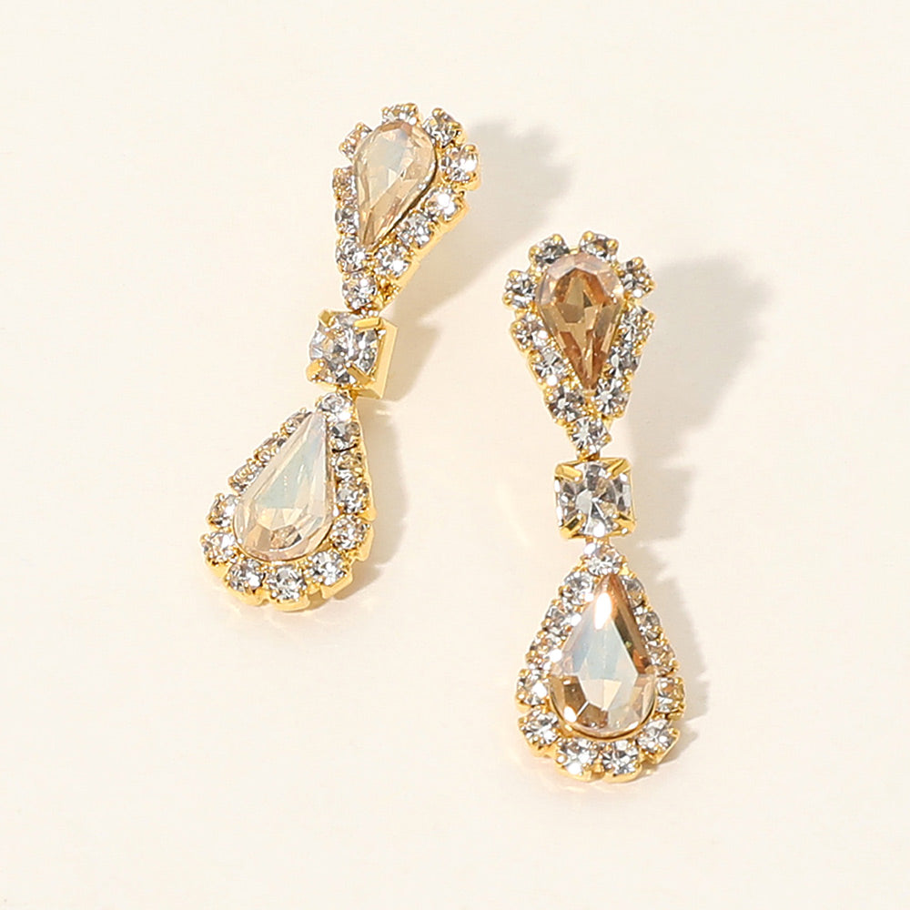 Double Teardrop Accented Rhinestone Trimmed Dangle Evening Earrings