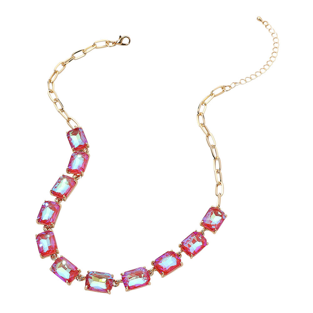 Cushion Rectangular Stone Cluster Link Evening Necklace