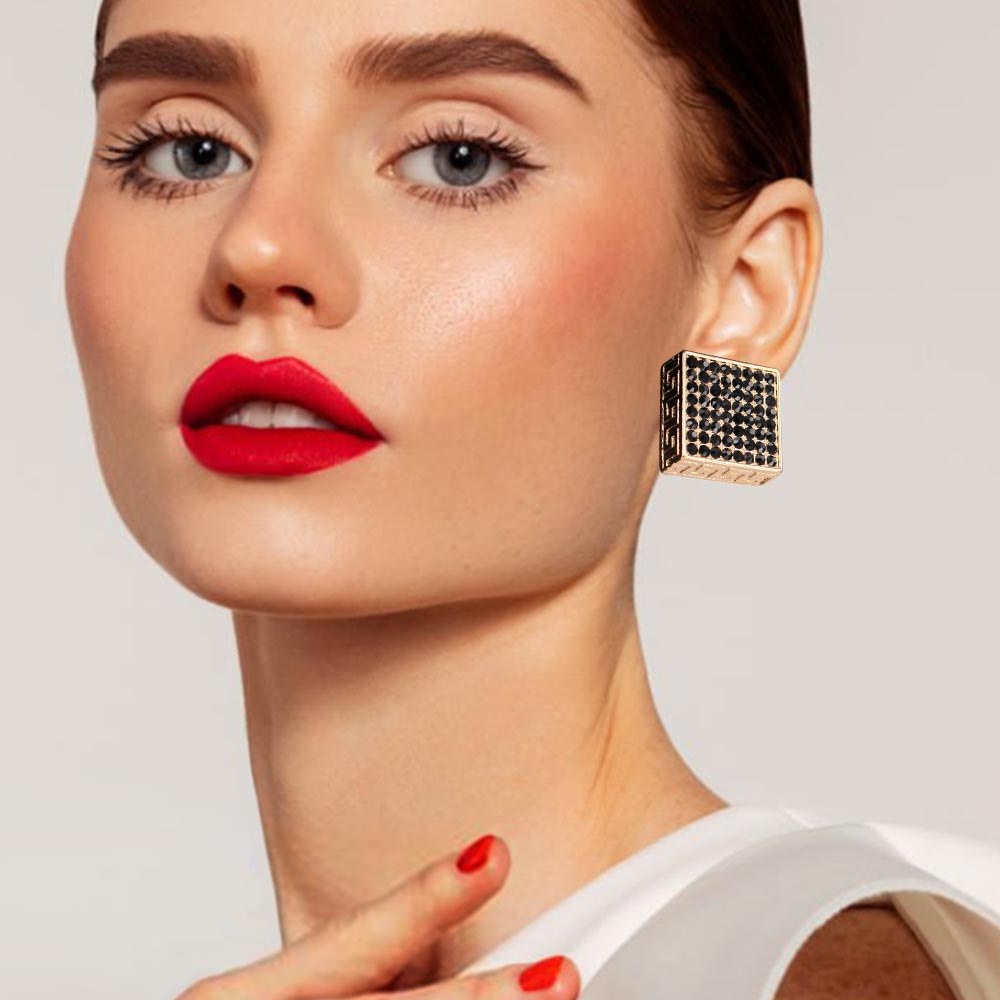 Greek Pattern Detailed Rhinestone Embellished Square Earrings