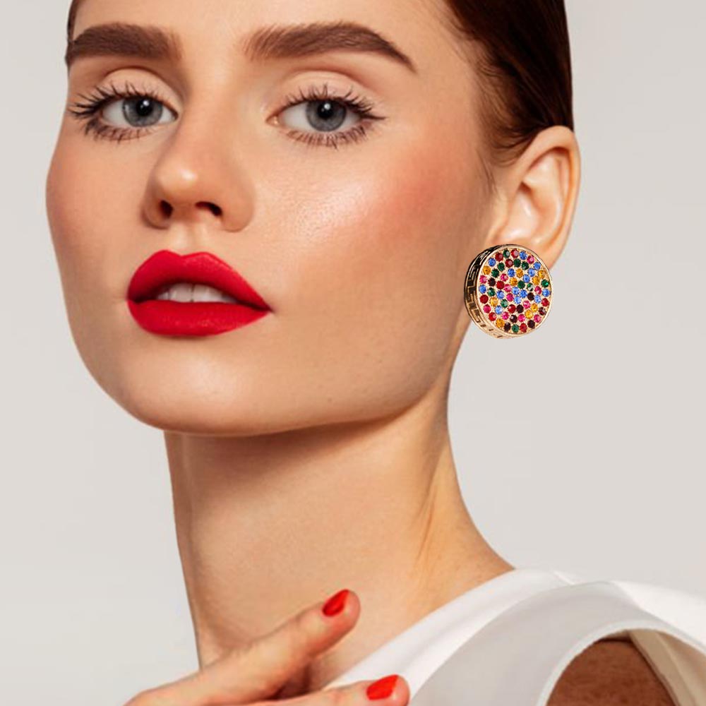 Greek Pattern Detailed Rhinestone Embellished Round Earrings