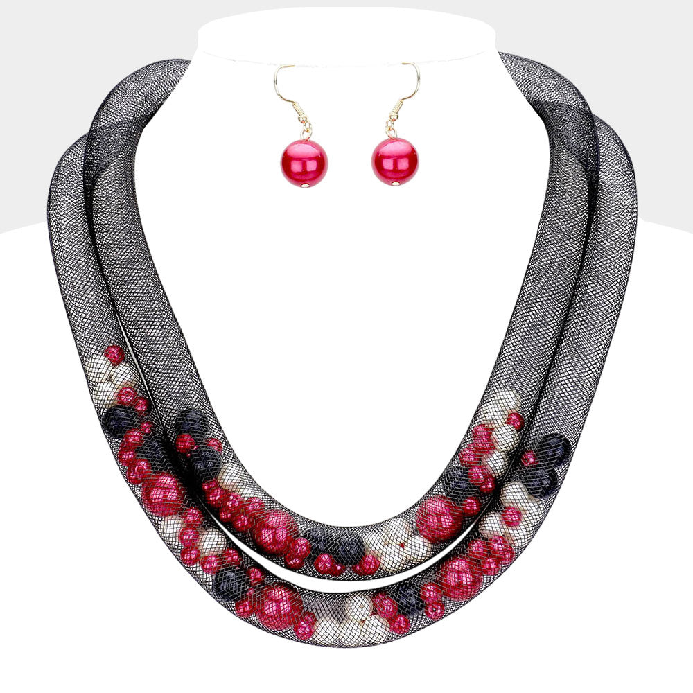 Double Mesh Tube Pearl Collar Necklace