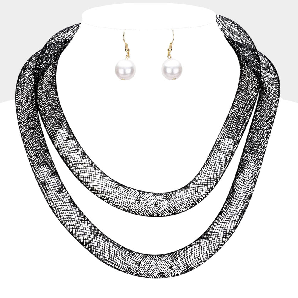 Double Mesh Tube Pearl Collar Necklace