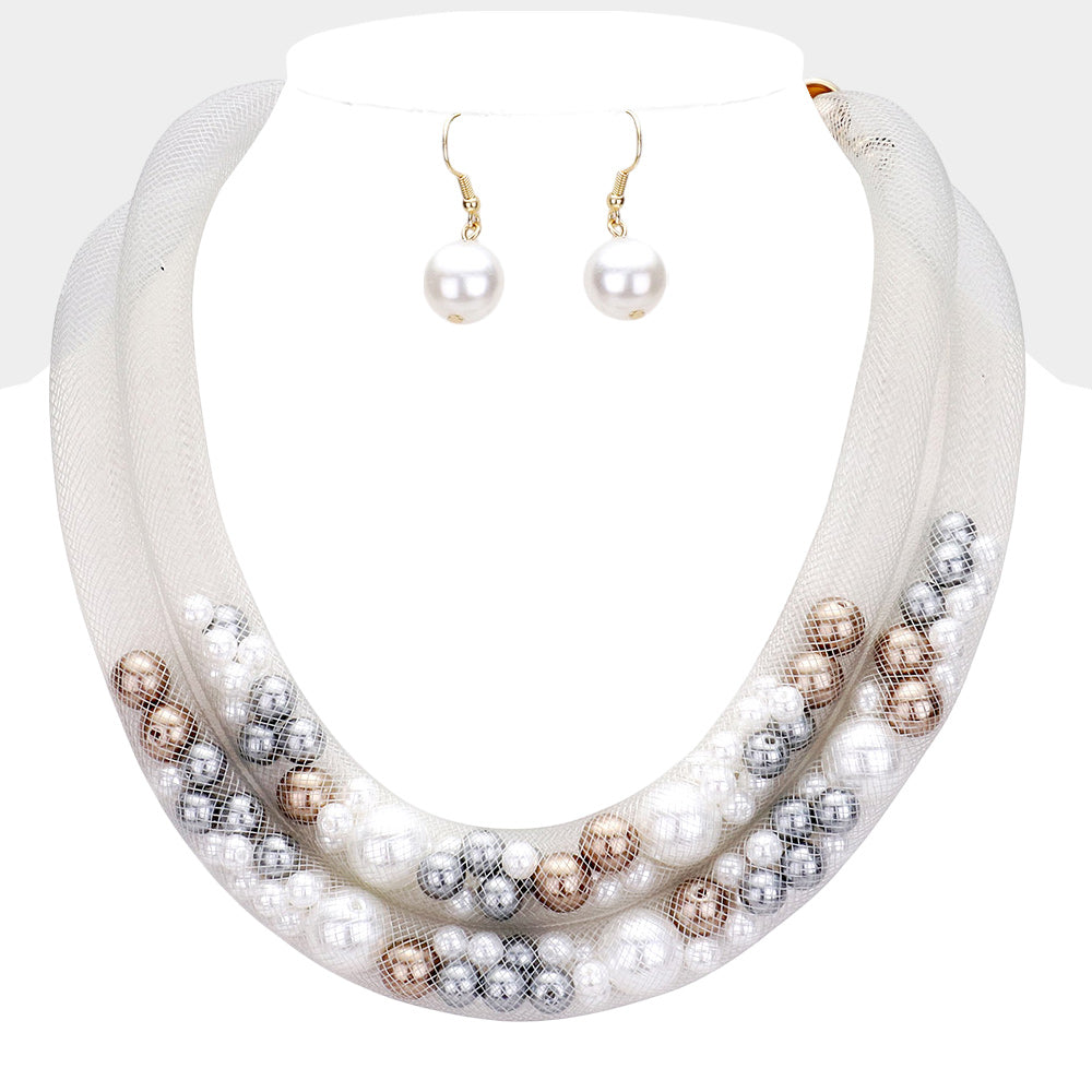 Double Mesh Tube Pearl Collar Necklace
