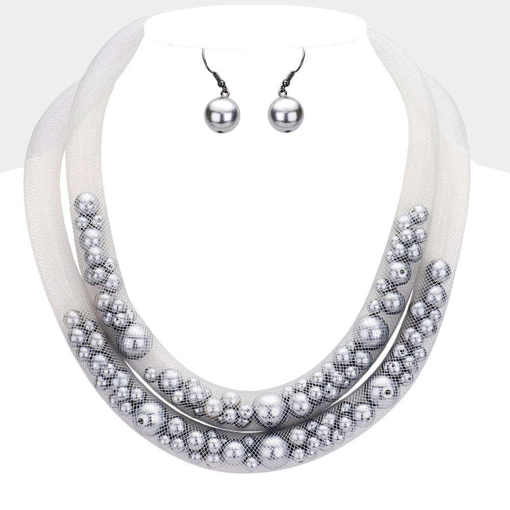 Double Mesh Tube Pearl Collar Necklace