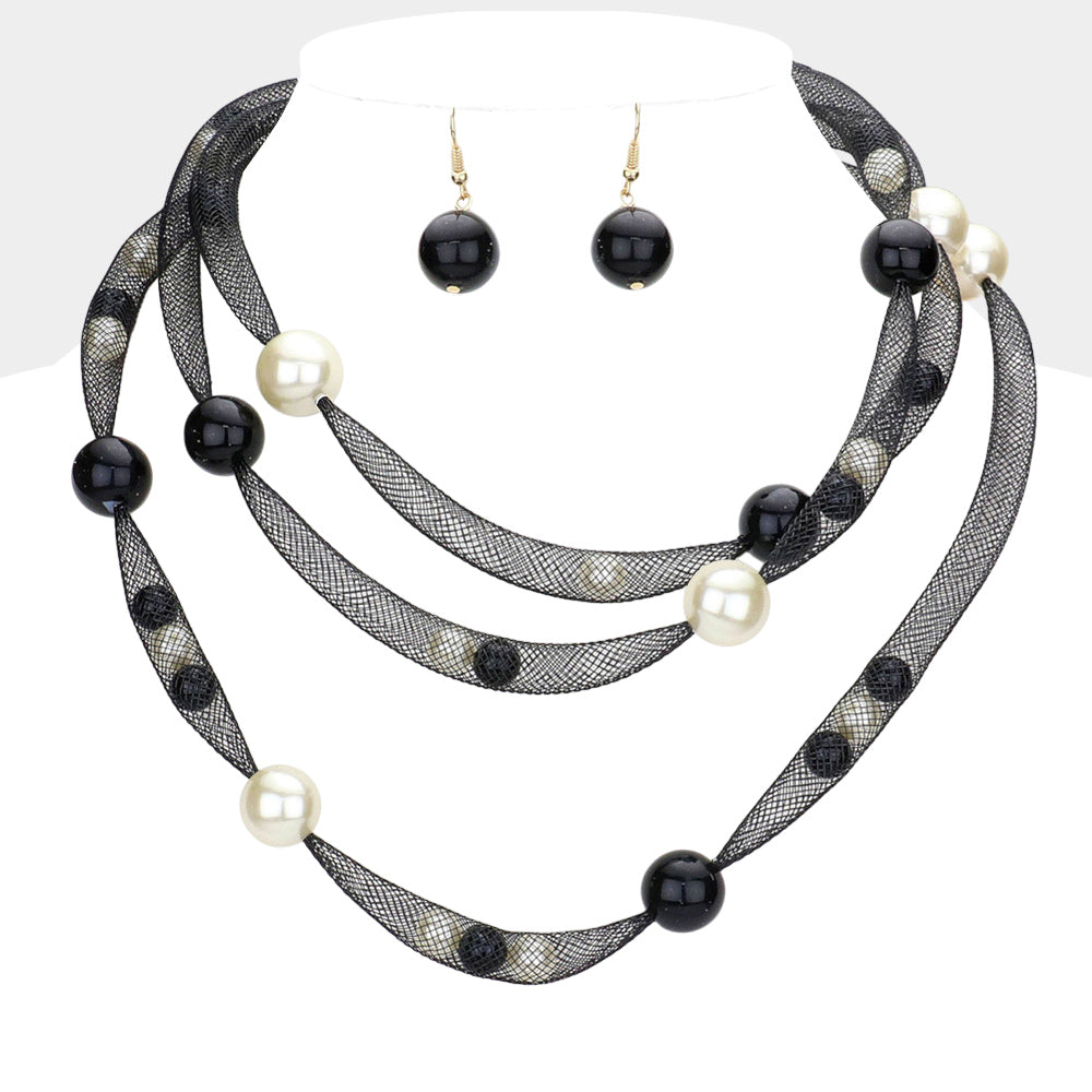 Pearl Accented Triple Layered Mesh Bib Necklace