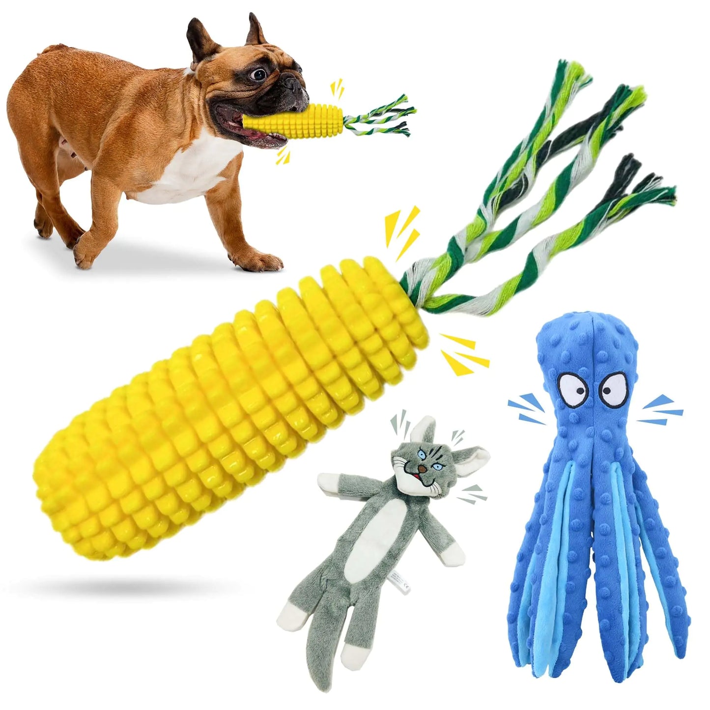 Fun Hattrick Dog Toy Bundle - 3 Great Toys Multipack for Teething Puppies & Aggressive Chewers No Stuffing Squeaky Toys Ideal Dog Toys Bundle for Teeth Cleaning Tiny Dog Toys Great Value - US seller