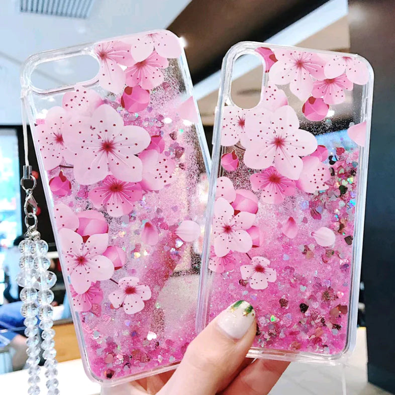 Trendy Summer Pink Peony Phone Case with Glitter Sand
