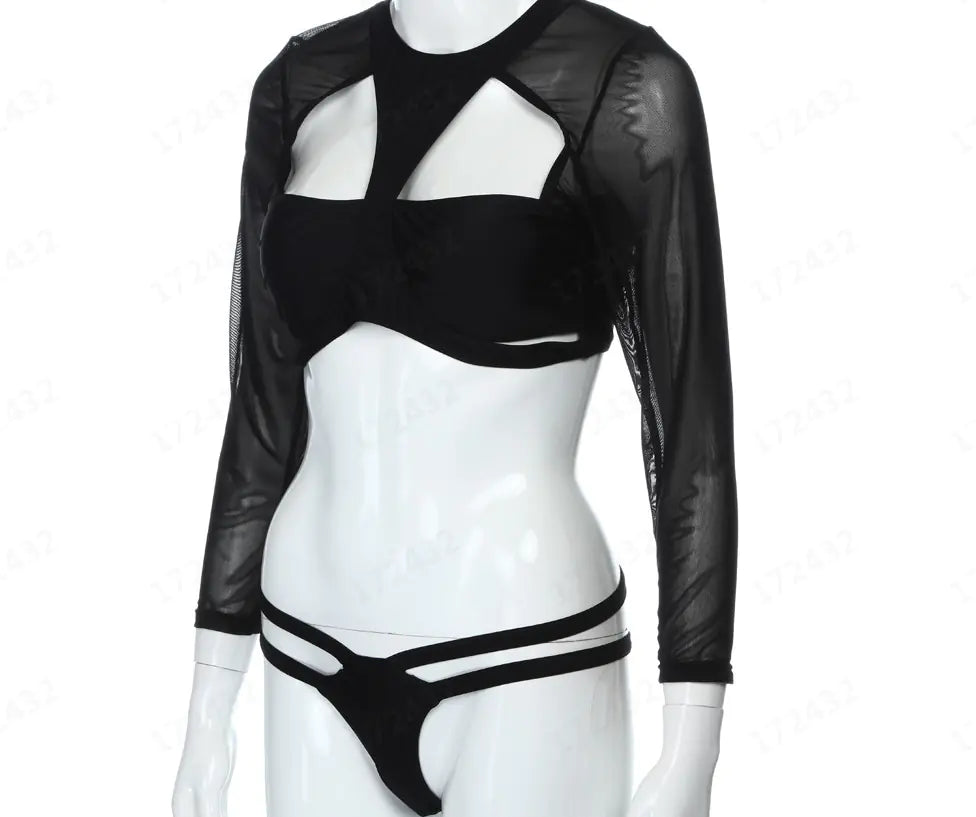 Lace Sexy Lingerie Set with Sheer Long Sleeve Swimsuit