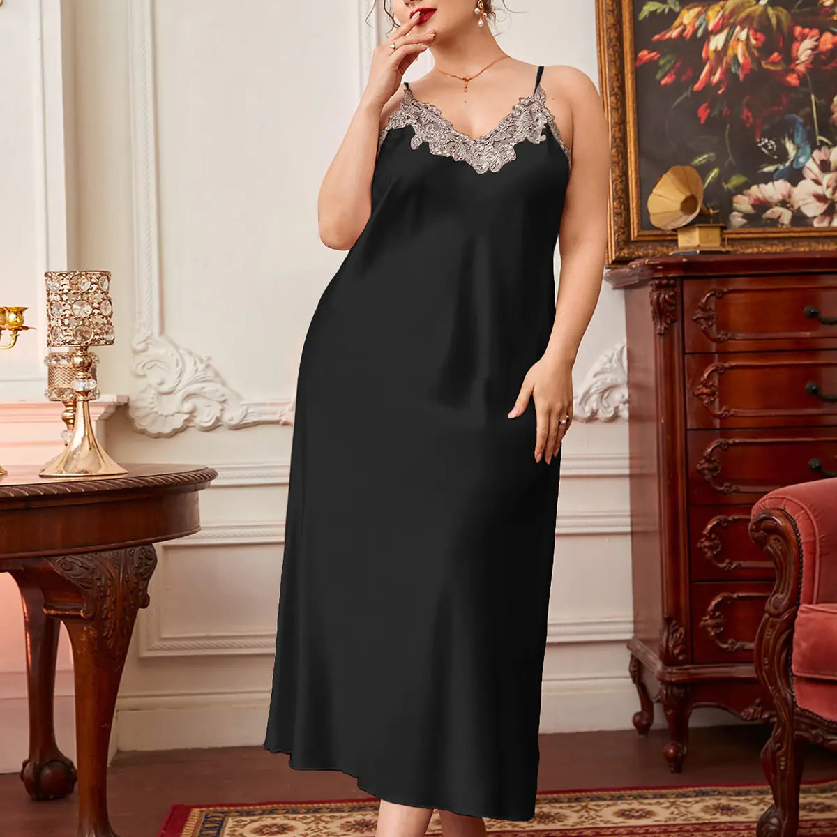 Plus Size Contrast Lace Cami Sleepwear Dress - Lingerie