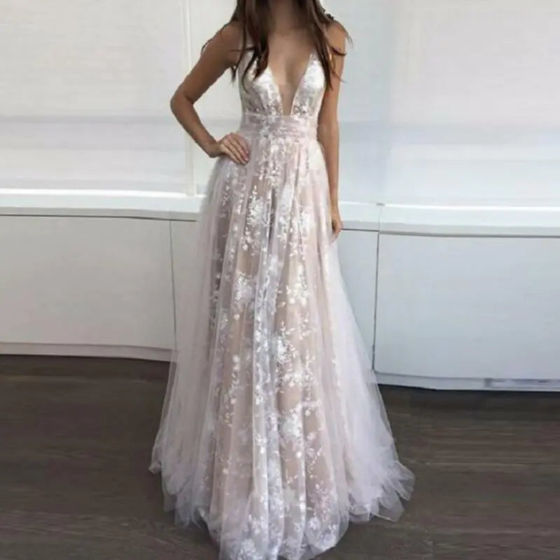 Lace Deep V Wedding Dress Long Gown - 888
