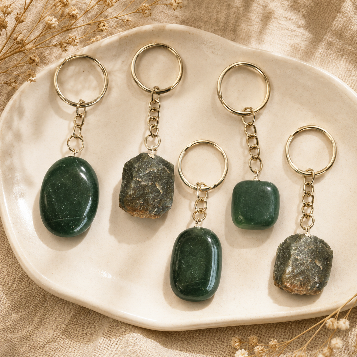 Green Jade Key Chain, Gemstone Keychain Crystal Key Ring (wisdom and balance)