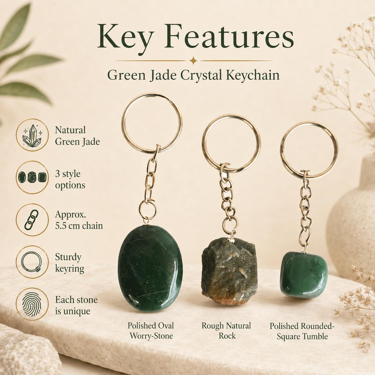 Green Jade Key Chain, Gemstone Keychain Crystal Key Ring (wisdom and balance)