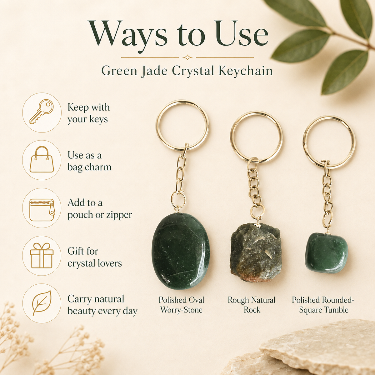 Green Jade Key Chain, Gemstone Keychain Crystal Key Ring (wisdom and balance)
