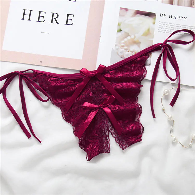 Lace-Trimmed Open-Crotch T-Back Panties for Women - Lingerie