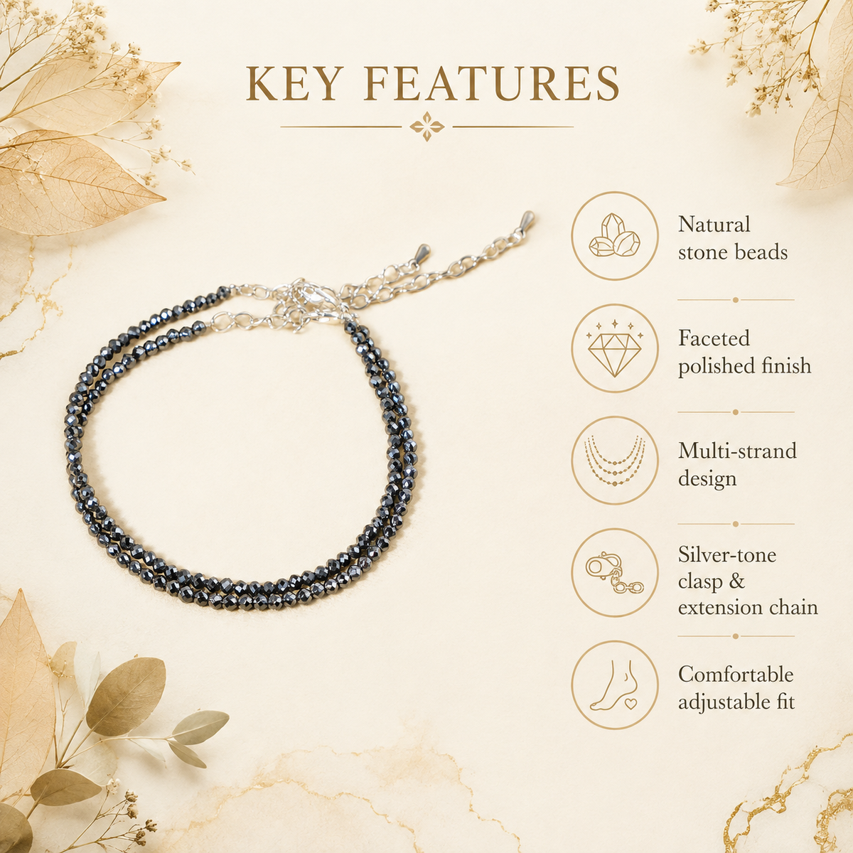 Hematite Crystal anklet for Healing, Protection & Grounding – Natural