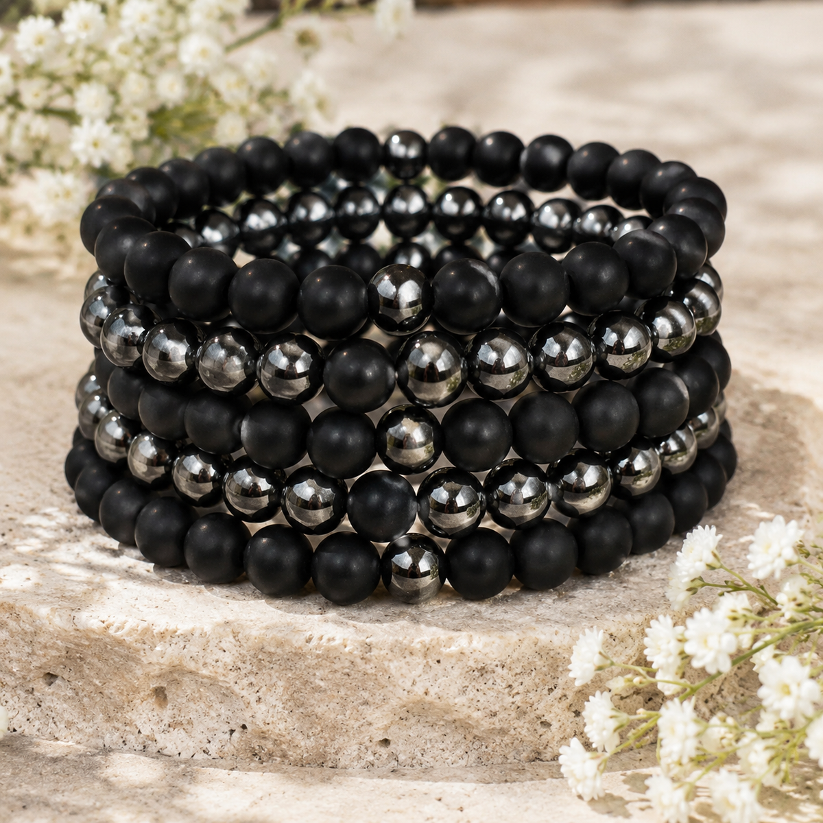Hematite Black Onyx Matt Couple Bracelets, Anniversary Gift (Manifestation and Confidence)