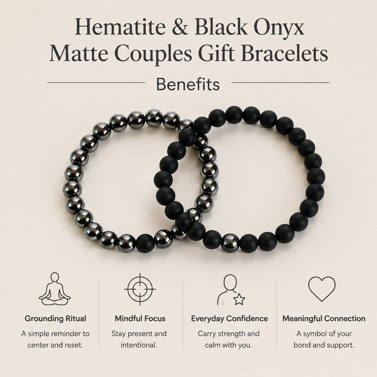 Hematite Black Onyx Matt Couple Bracelets, Anniversary Gift (Manifestation and Confidence)