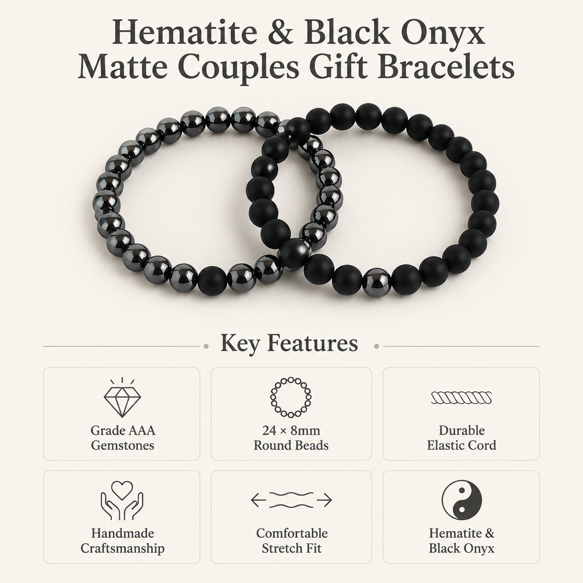 Hematite Black Onyx Matt Couple Bracelets, Anniversary Gift (Manifestation and Confidence)