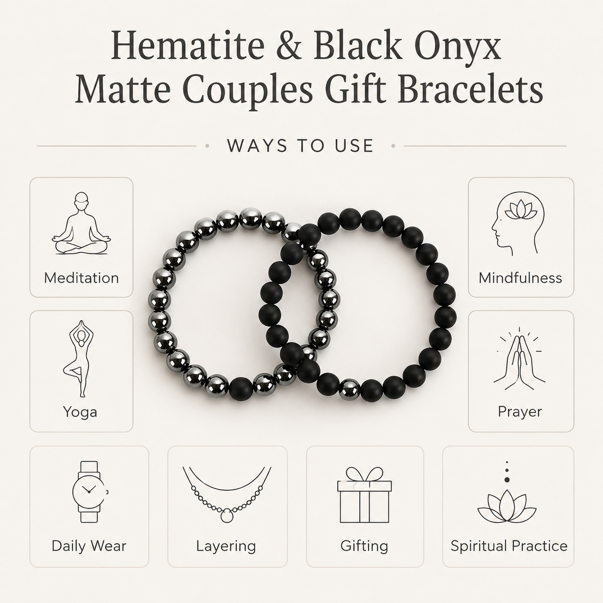 Hematite Black Onyx Matt Couple Bracelets, Anniversary Gift (Manifestation and Confidence)