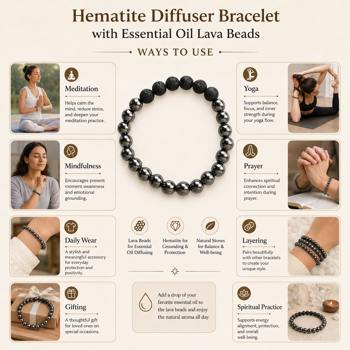 Hematite Diffuser Bracelet, Lava Diffuser Jewelry, Aromatherapy, Essential Oil Bracelet, Spiritual Gift, Yoga Gift for Her