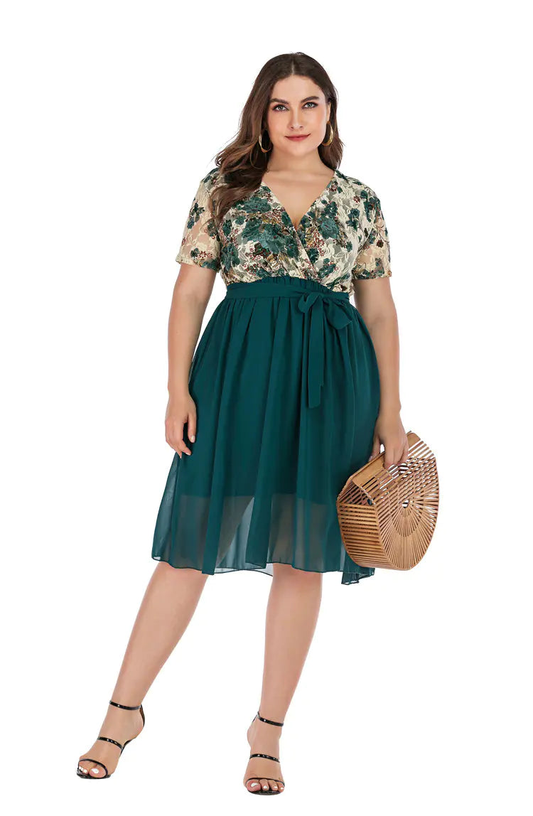 Plus Size V-Neck Chiffon Dress for Curvy Women - 888