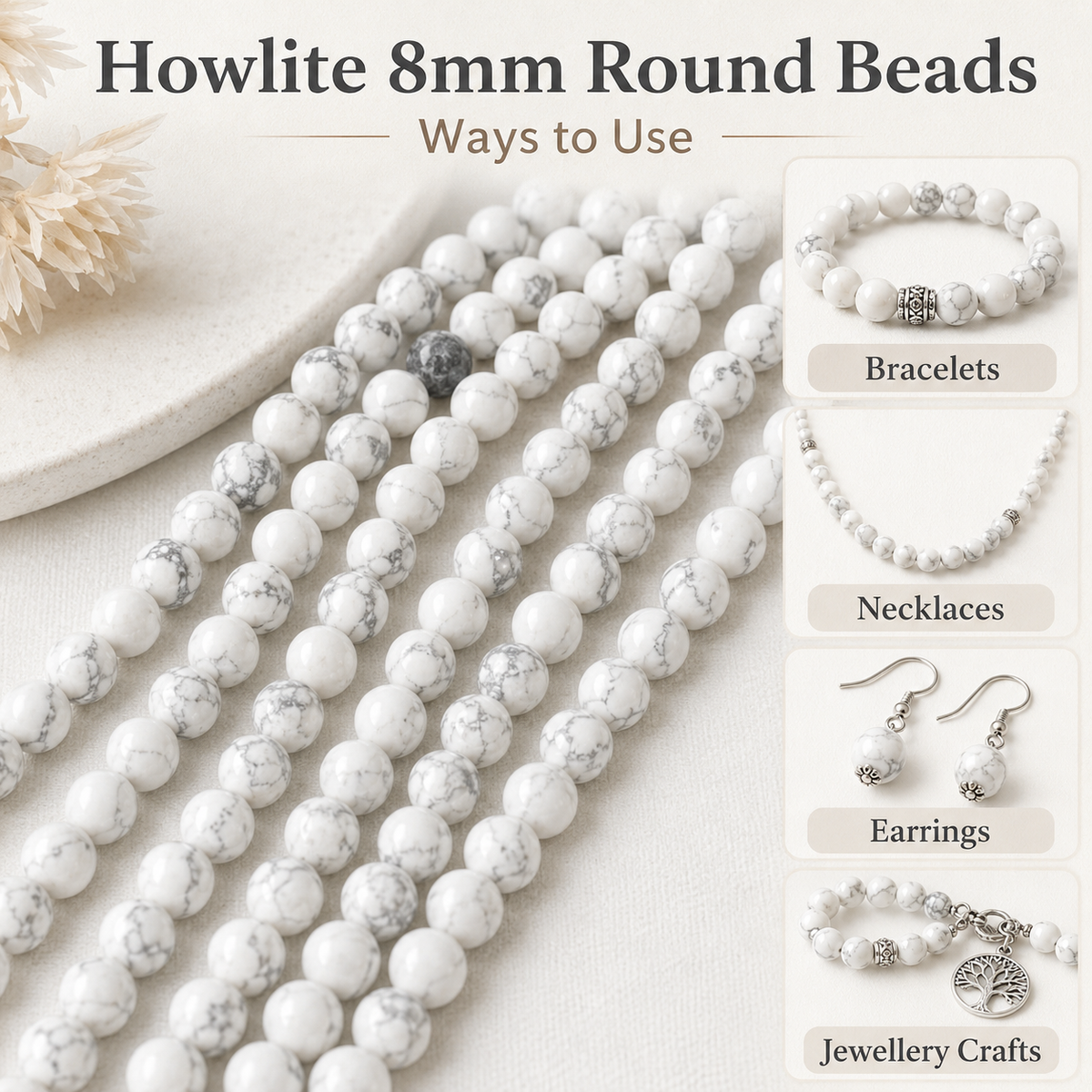 Howlite Beads, Natural Round Crystal Beads 4mm to 12mm