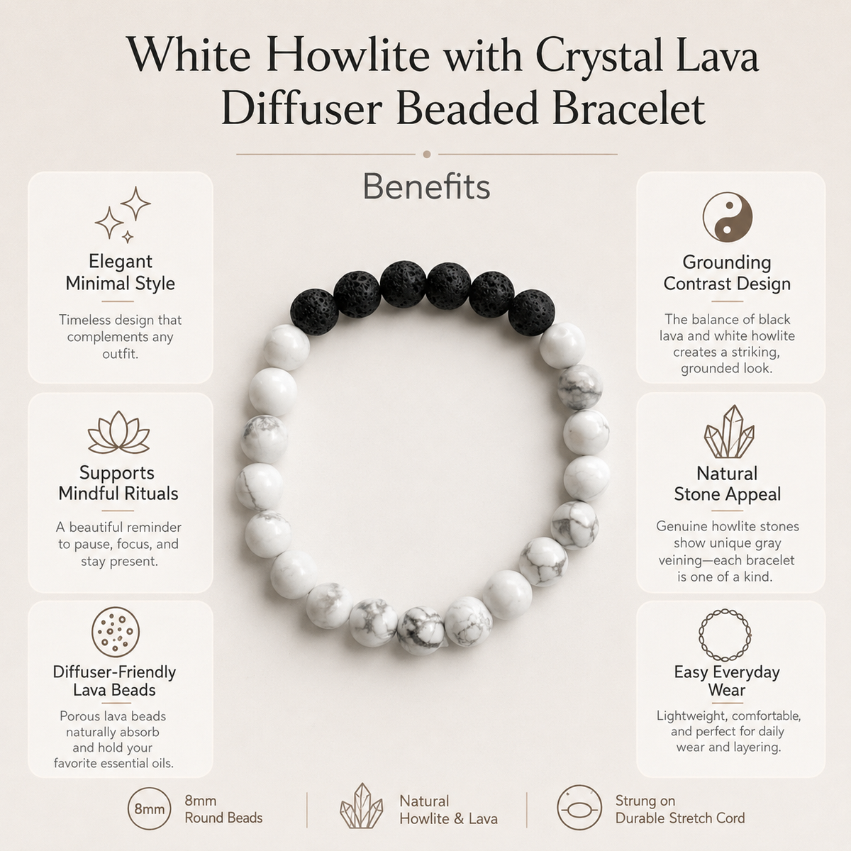 Howlite Diffuser Bracelet, Lava Diffuser Jewelry, Aromatherapy, Essential Oil Bracelet, Spiritual Gift, Yoga Gift for Her