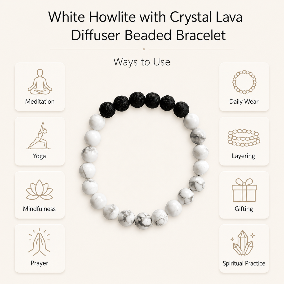 Howlite Diffuser Bracelet, Lava Diffuser Jewelry, Aromatherapy, Essential Oil Bracelet, Spiritual Gift, Yoga Gift for Her