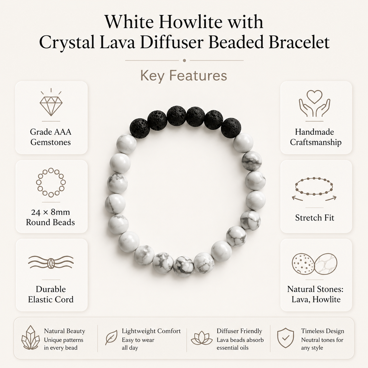 Howlite Diffuser Bracelet, Lava Diffuser Jewelry, Aromatherapy, Essential Oil Bracelet, Spiritual Gift, Yoga Gift for Her
