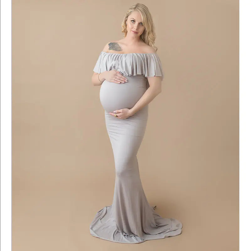 Maternity Long Dress with Ruffle Collar for PhotographyMaternity Maxi Dress for Photography and Baby Showers - 888