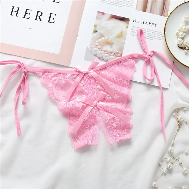 Lace-Trimmed Open-Crotch T-Back Panties for Women - Lingerie