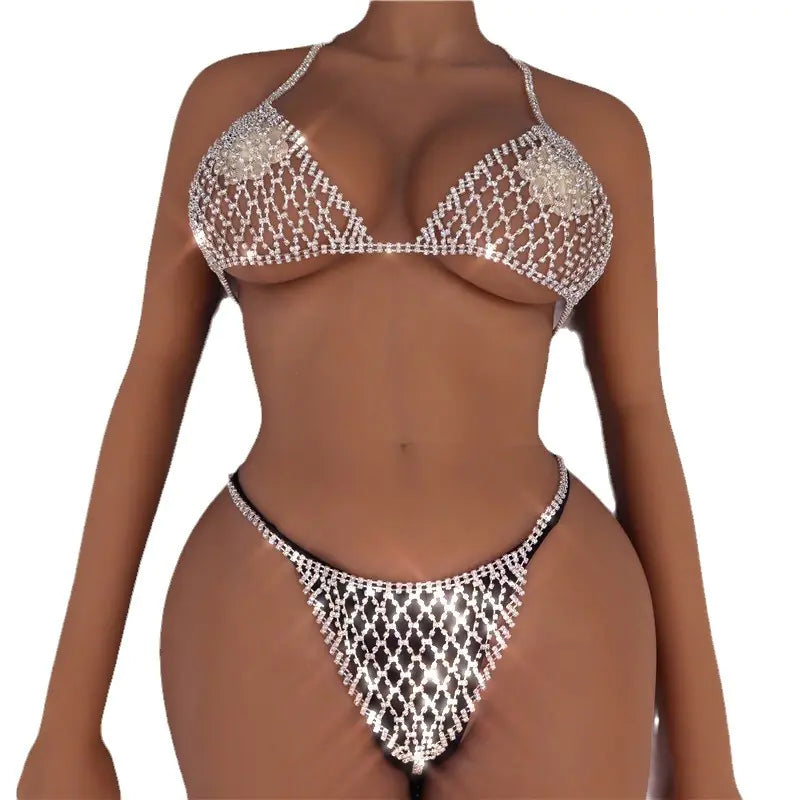 Exaggerated Rhinestone Body Chain Bikini Set - Lingerie