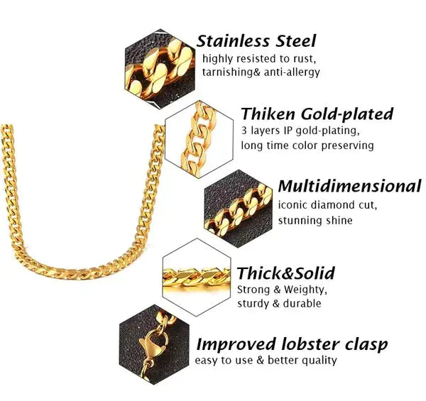 Stainless Steel Gold Silver Chain Cuban Curb Womens Mens Necklace