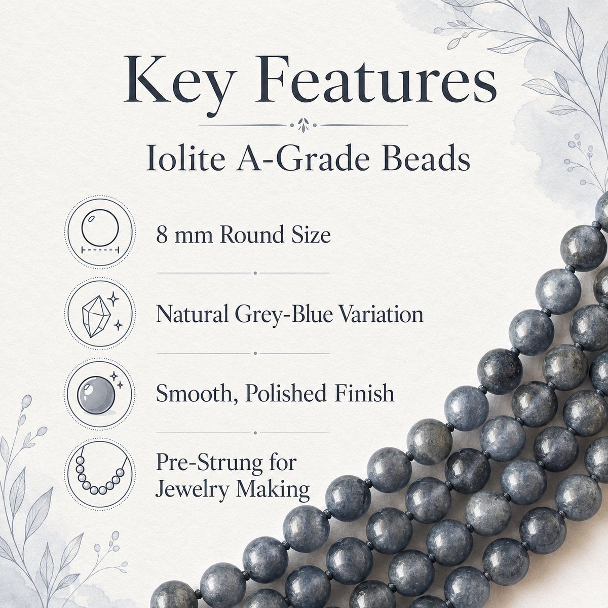Iolite Beads, Natural Round Crystal Beads 6mm to 10mm