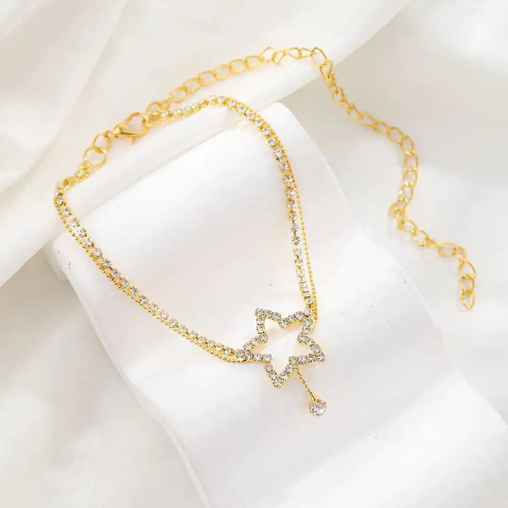 Women's Fashion Personality Five-pointed Star Heart Shape Rhinestone Bead Necklace Anklet