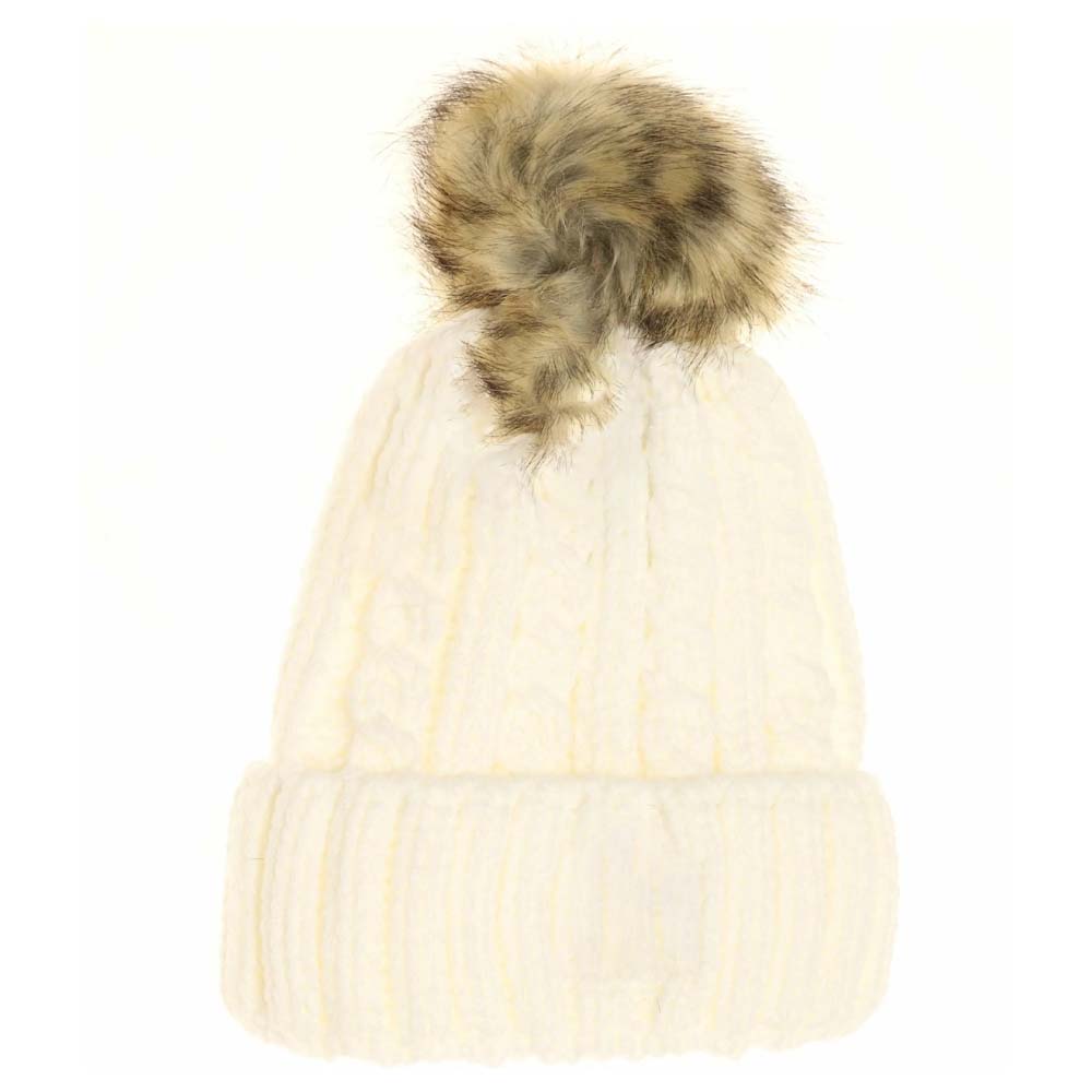 KIDS Cable Ribbed Fur Pom C.C Beanie