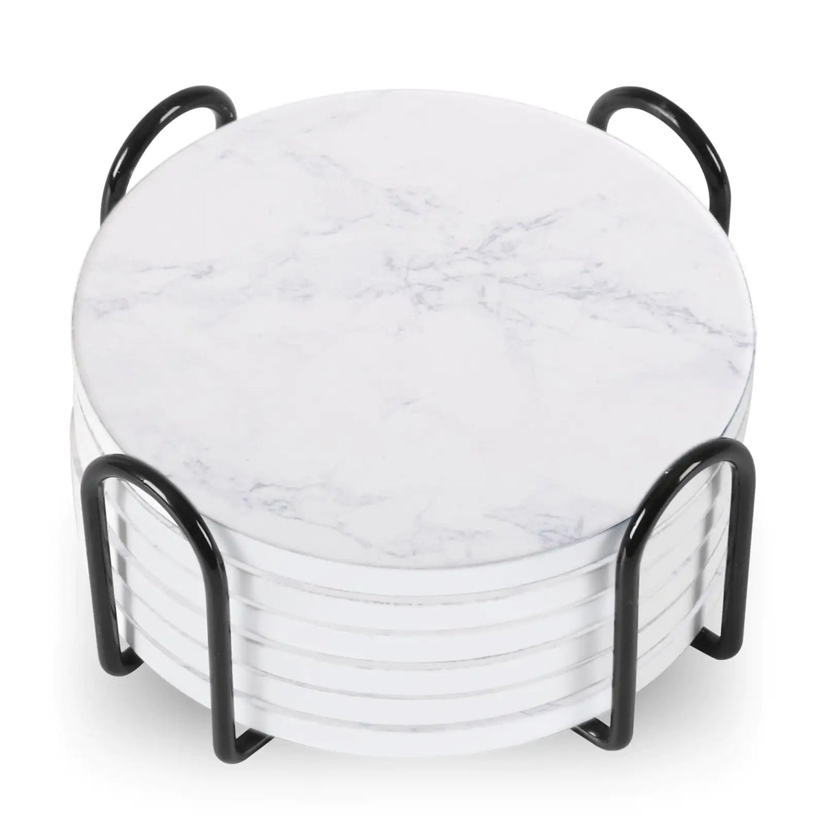 Set Of 6 Beverage Coasters With Stand Round 4in Ceramic Coaster With Metal Stand Absorbent Marble Stone Coaster With Cork Base