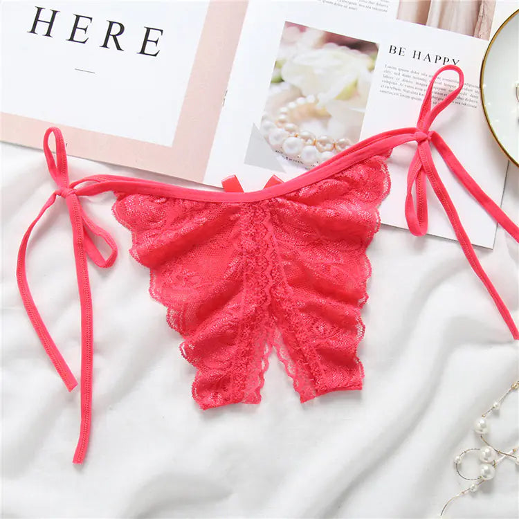 Lace-Trimmed Open-Crotch T-Back Panties for Women - Lingerie