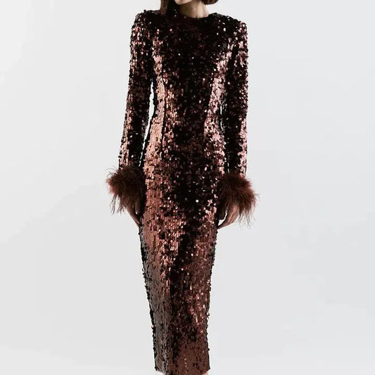 Sequined Feather Long Sleeve Miniskirt Evening Dress - 888
