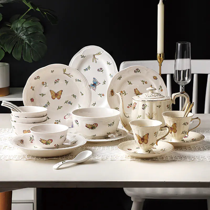 Vintage Dragonfly Butterfly Ceramic Dinnerware Set