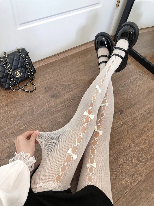 Women's Fashion Red Fishnet Stockings with Bow - Lingerie