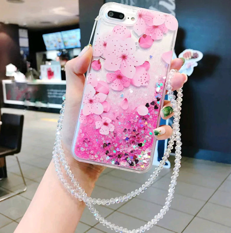 Trendy Summer Pink Peony Phone Case with Glitter Sand