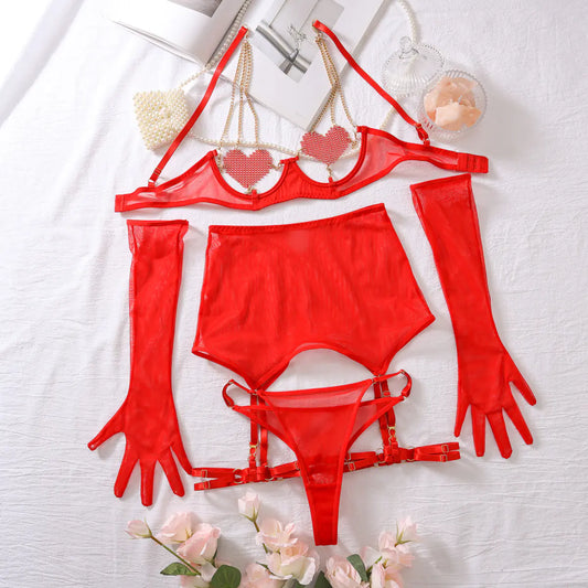 Sexy Sheer Lingerie Set with Heart Chains (5 Pieces)