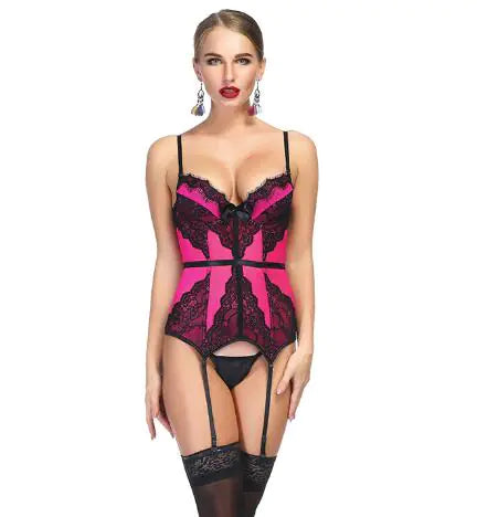 Sexy Lace Deep V Neck Bra Set with Silk Lingerie