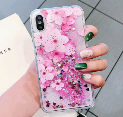 Trendy Summer Pink Peony Phone Case with Glitter Sand