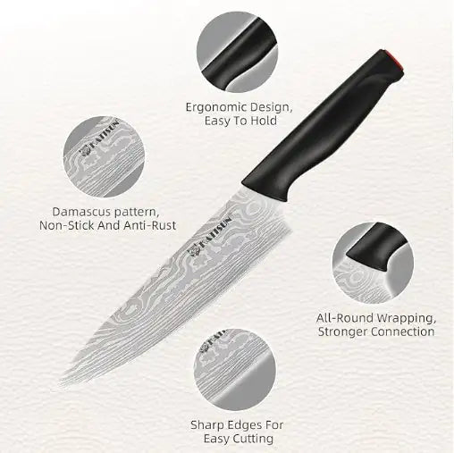 Damascus Pattern 15-Piece Kitchen Knife Set With Block, High Carbon Steel Chef Knife, Includes Sharpener And Scissors, Ergonomic Black Anti-Slip Handle And Red Trim, Perfect For Professionals