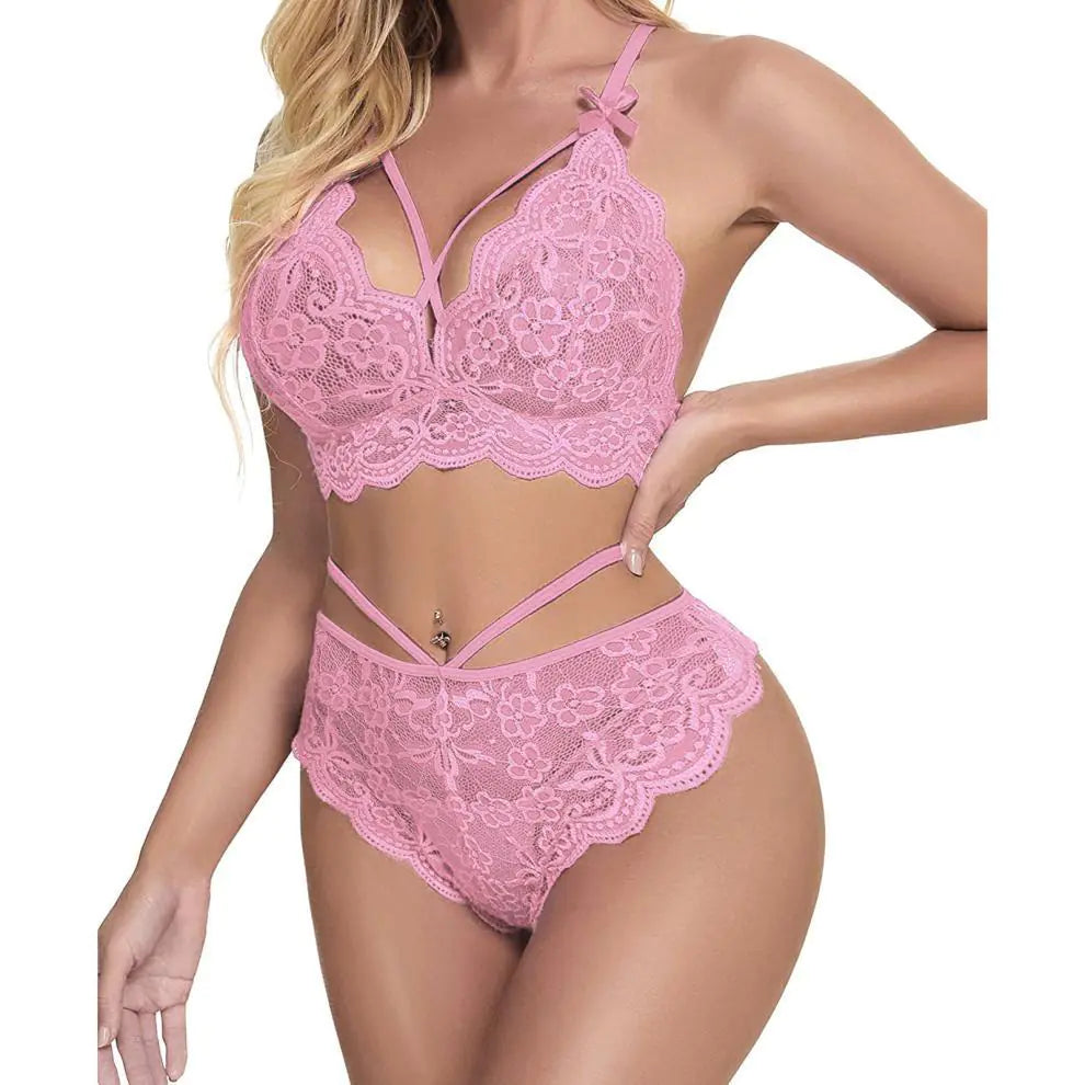 Lace Bra and Brief Set with Cross Belt for Women - Lingerie