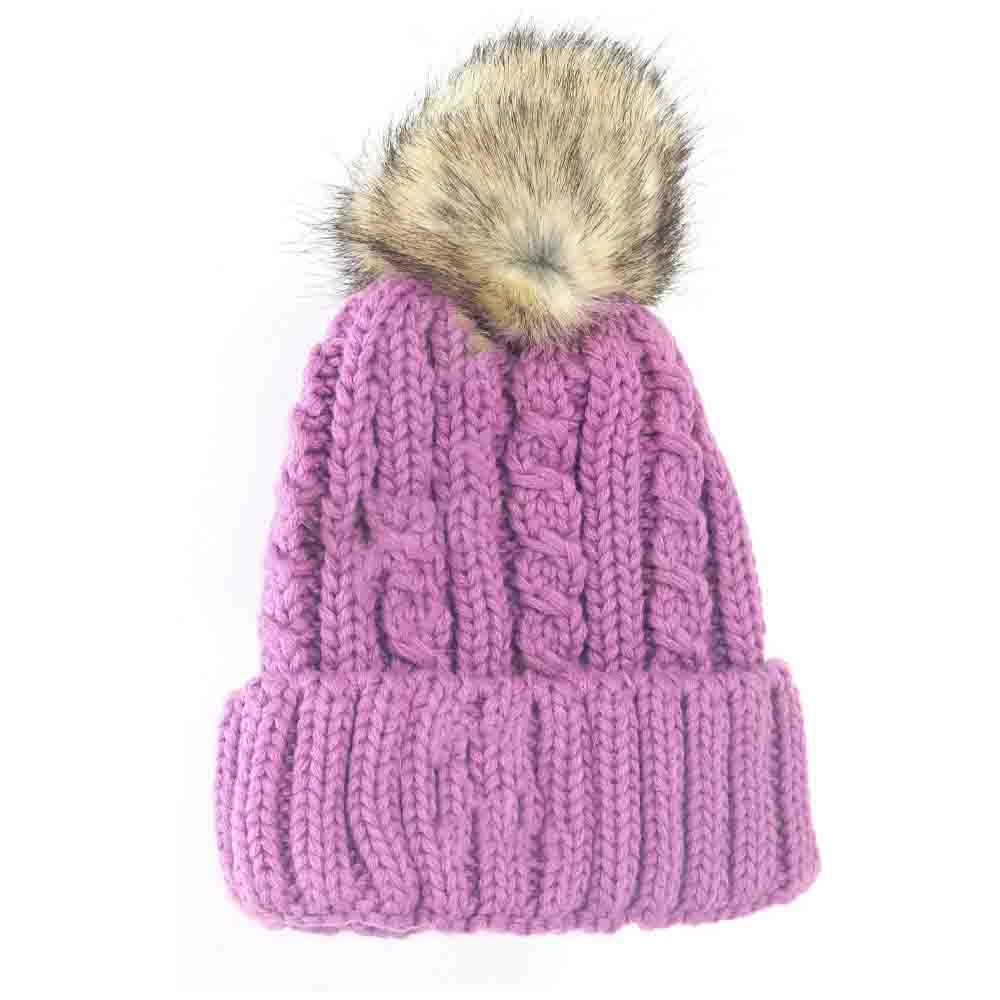 KIDS Cable Ribbed Fur Pom C.C Beanie