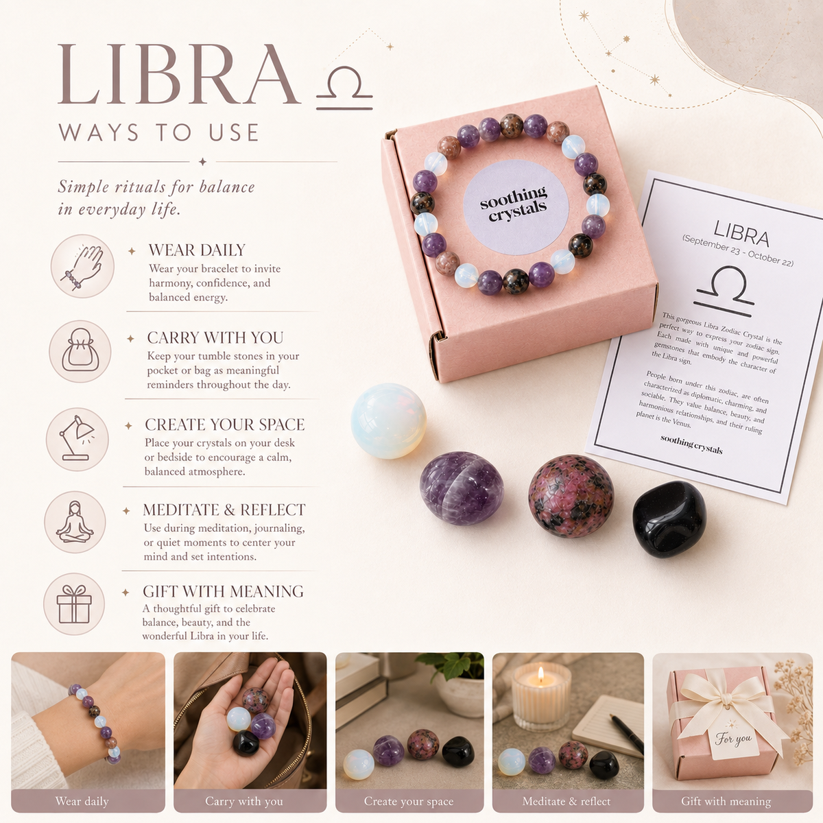 LIBRA Zodiac Crystal Kit, Libra Birthstones Tumbled Stones Set, Libra Gifts